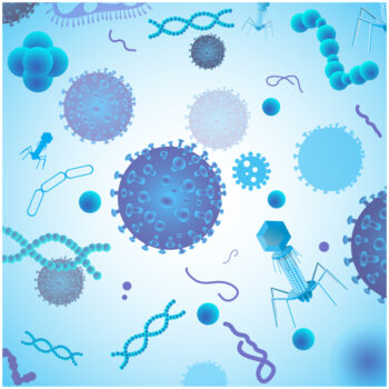 Blue virus cells, bacteria and DNA with background. Vector illustration.