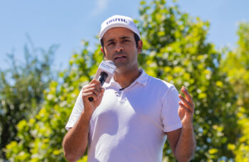 Des Moines, Iowa, USA - August 12, 2023: Biotechnology Entrepreneur and Republican presidential candidate Vivek Ramaswamy greets supporters at the Iowa State Fair fair side chats in Des Moines, Iowa.